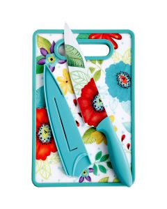 Studio California Jordana 3 Piece Cutlery Knife and Cutting Board Set in Turquoise Floral Pattern