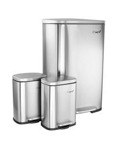 Elama 3 Piece 13 Gallon and 1.3 Gallon Stainless Steel Step Trash Bin Combo Set with Slow Close Mechanism