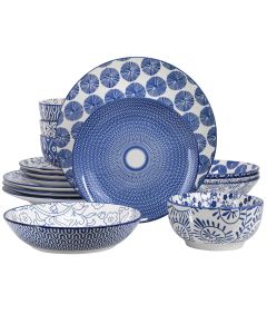 Elama Aurora 16 Piece Assorted Porcelain Double Bowl Dinnerware Set in Blue