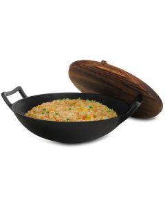 MegaChef 2 Piece 14 Inch Heavy Duty Cast Iron Wok with Wood Lid