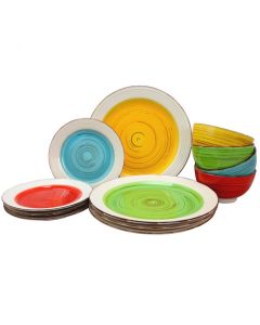 Gibson Home Confetti Band 12 Piece Mix and Match Round Ceramic Dinnerware Set in Assorted Colors