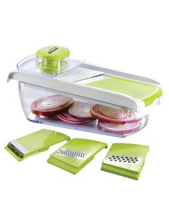 Brentwood Mandollin Slicer with 5 Cup Storage Container and 4 Interchangeable Stainless Steel Blades in Green